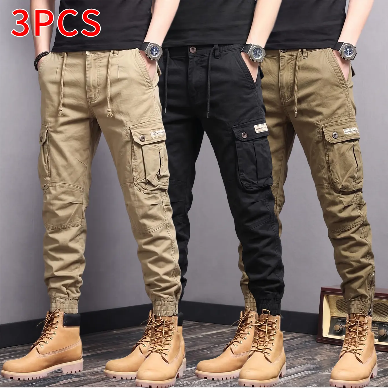 3-pack functional cargo pants with large 3D pockets, pure cotton, wear-resistant and durable, men’s drawstring waist, tapered cuffs, versatile casual pants