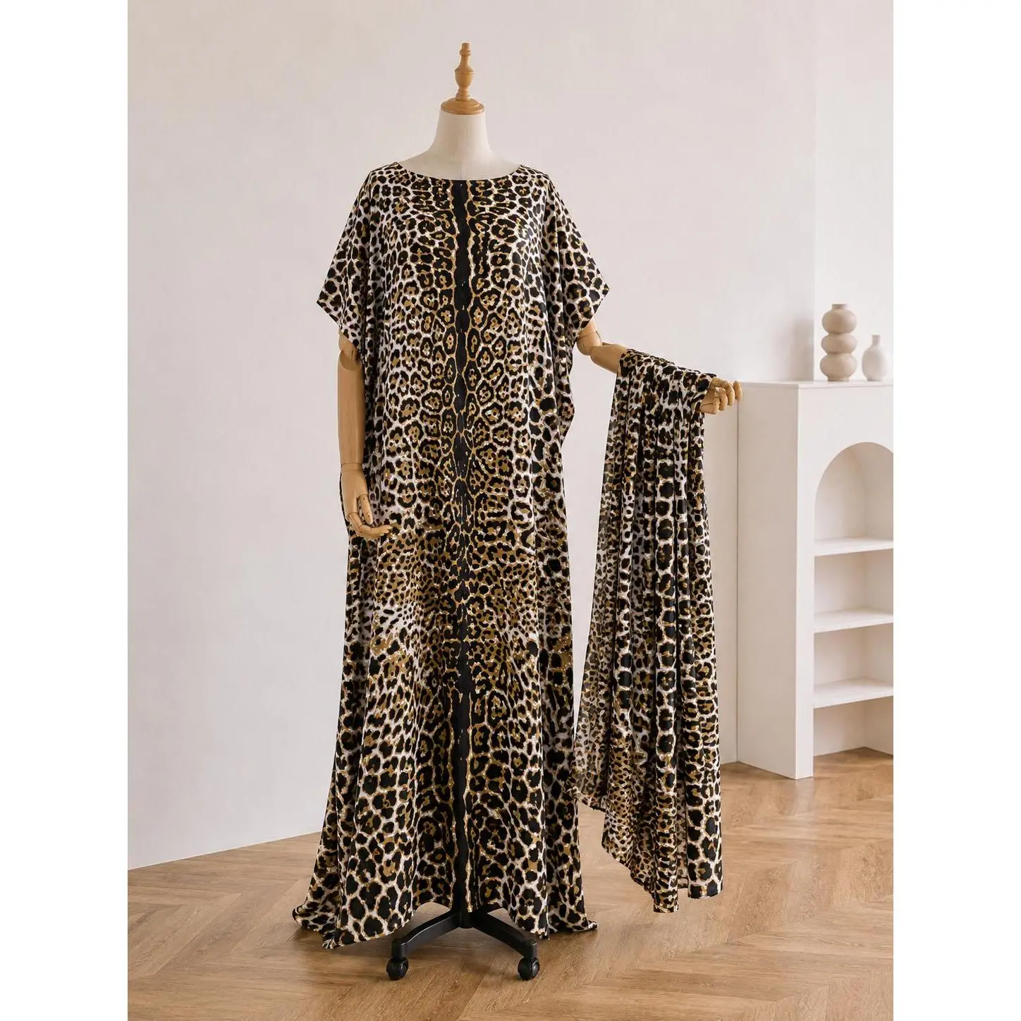 MuuMuu Muse Women's White Leopard Print 2-Piece Muumuu Set - Dress & Matching Scarf, Casual Fashion Drapey Comfortable Loose Caftan, Chic Beach Cover-Up, Fit, Light, Printed, Statement, Moomoo, Animal Print