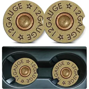 Car Coasters for Cup Holders,2 Pack Cool 12 Gauge Bullet Shaped Brass Rubber Car Cup Holder Coasters,2.75" Universal Size Anti Slip Rubber Mat,Automotive Cup Holder Decal Decor for Men,Dad