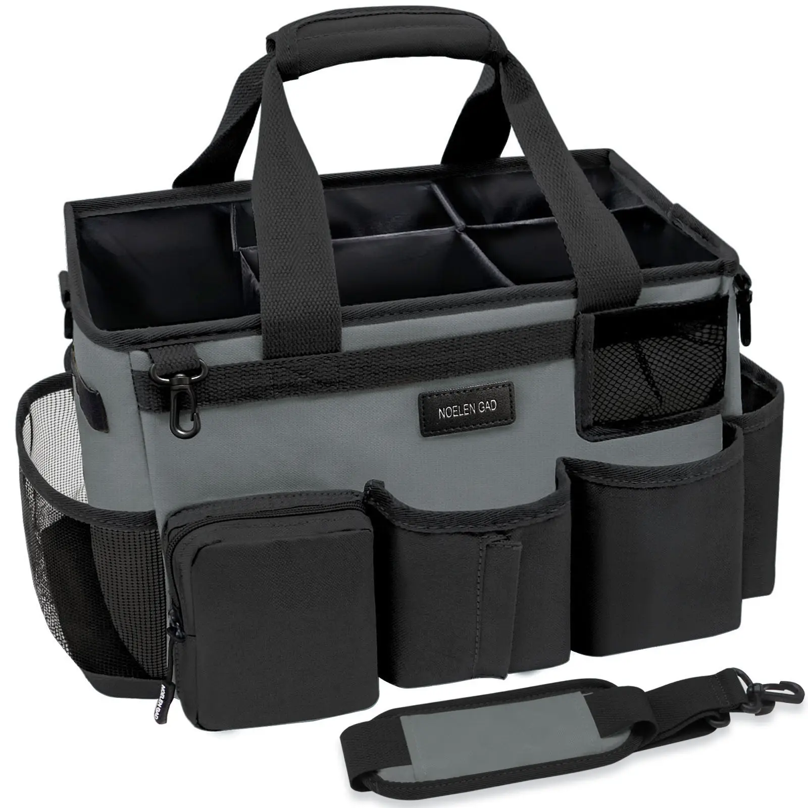 Grey wearable cleaning bag with 5 foldable compartments for cleaning tools Aluminium organizing storage bag adjustable Mesh Pad Strap Lightweight