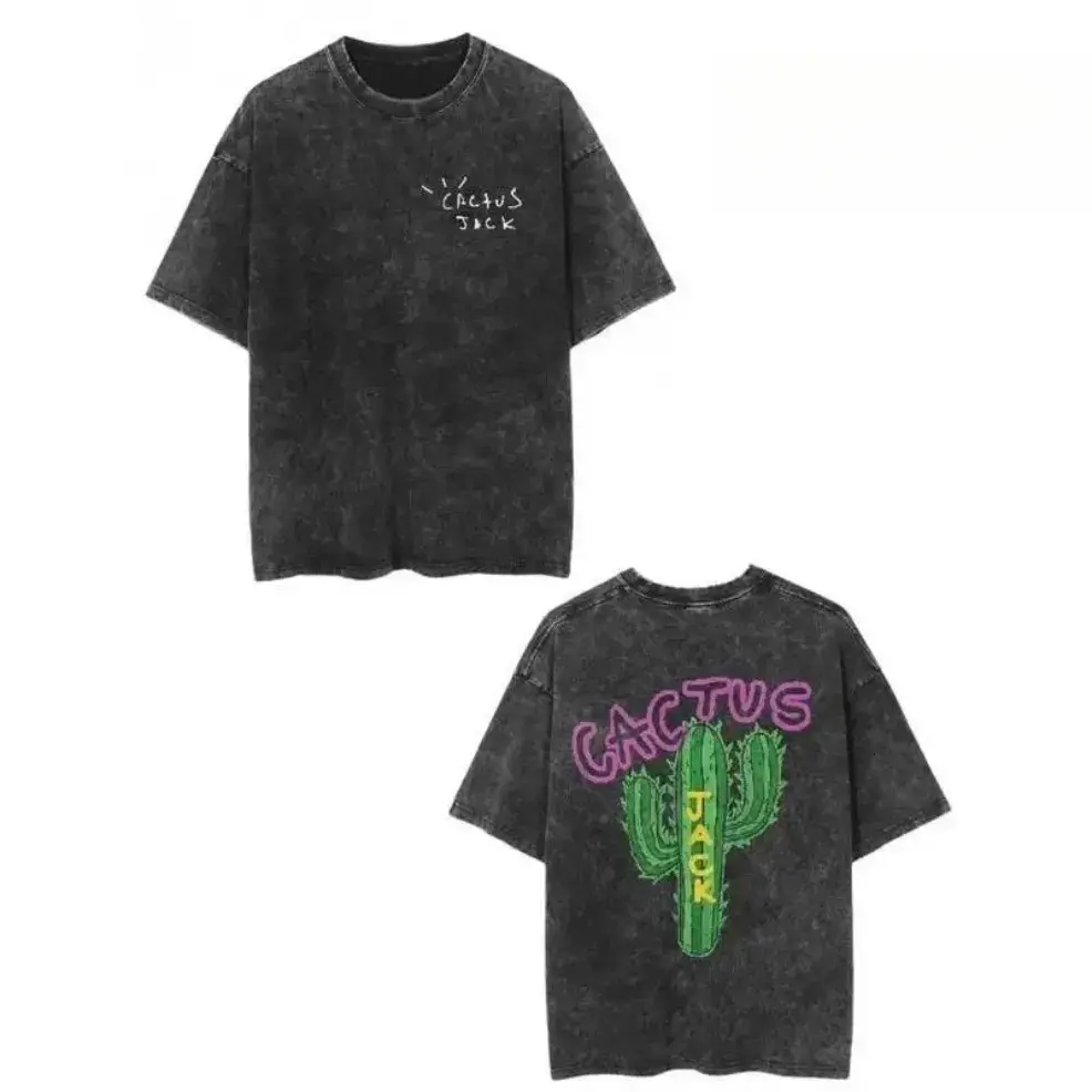 Vintage Washed Black T-Shirt, Cactus Jack Logo & "Look Mom I Can Fly" Graphic Tee, Unisex Casual Round Neck Short Sleeve Vintage Streetwear Top, Ideal For Concerts, Halloween & Christmas Holiday Daily Mens Casual Outfit