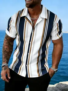 Men's Plus Size Casual Short Striped Shirt, Simple Design, Tropical, Elegant and Stylish, Perfect for Vacation, Travel, Beach, Party Wear