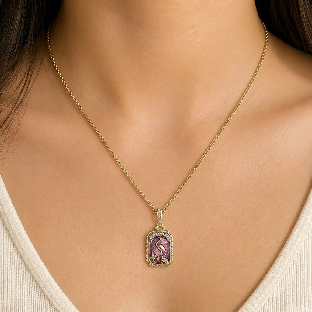 Purple Enamel Heron Bird Necklace, Stainless Steel Pendant Necklace, Nature Lover Gift, Crane Bird Jewelry