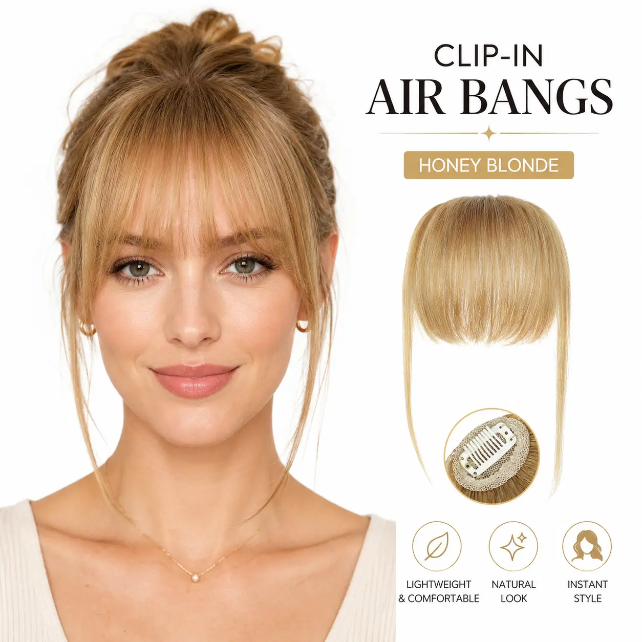 Women’s Human Hair Clip-In Air Bangs - 9in Soft Texture Natural Straight Wispy Fringe Hairpiece, Secure Mini Clips, Lightweight Daily Wear Hair Extensions, Honey Blonde & Multiple Colors
