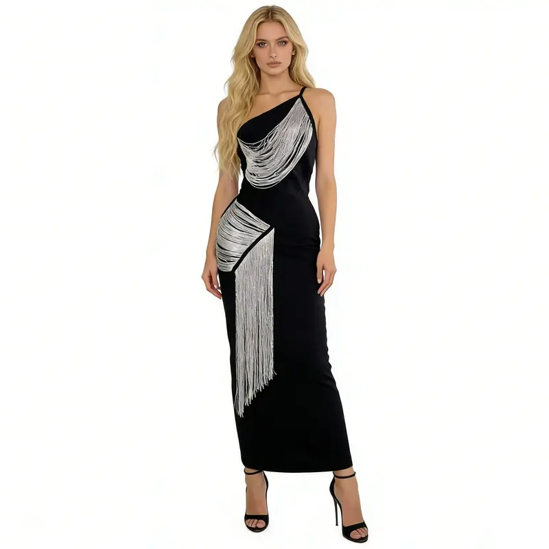 Women's Black One Shoulder Bandage Maxi Dress, Rhinestone Branch  Embellished Bodycon Party Dress S-XL - TikTok Shop