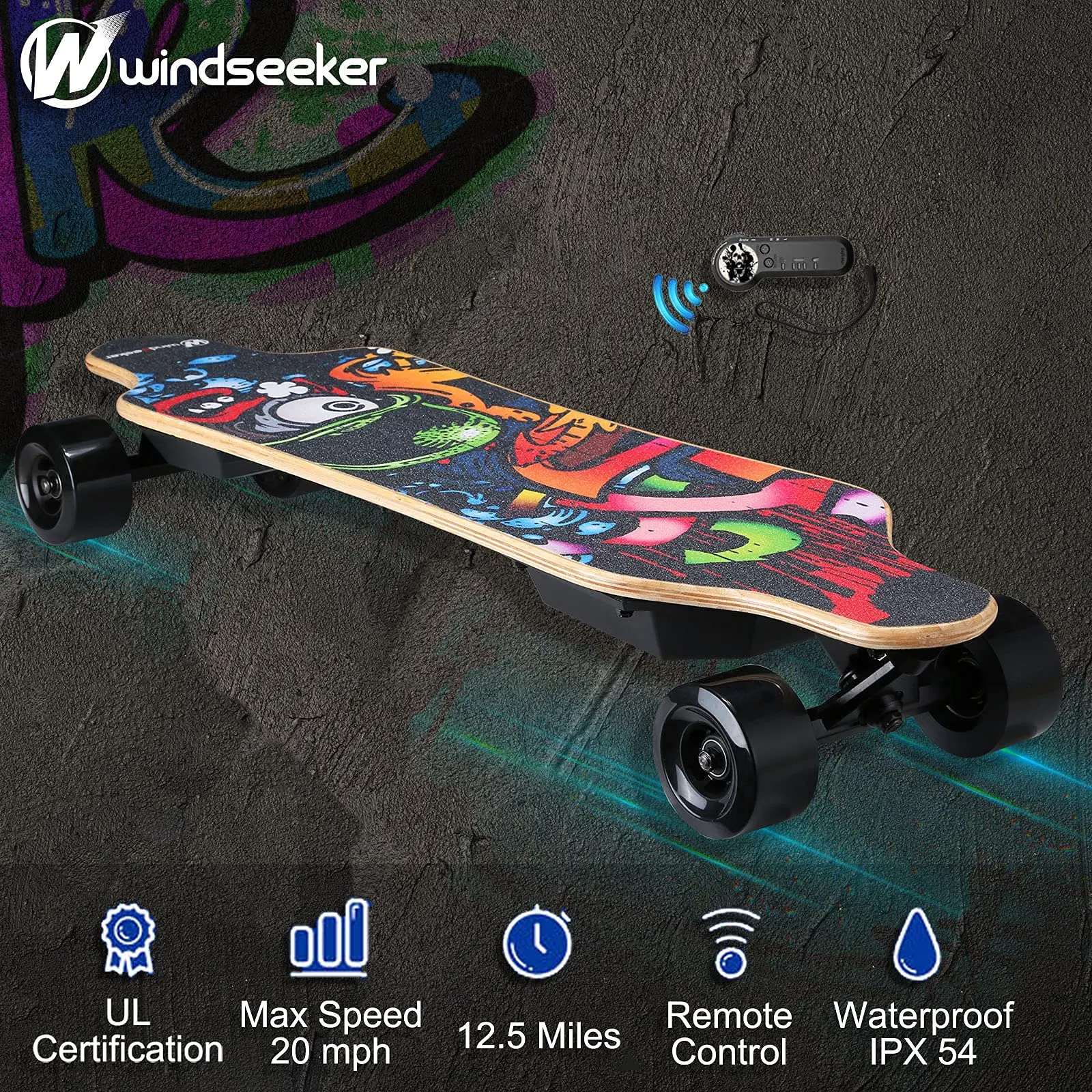 Lightweight Electric Longboard - Remote Control, 35km/h Speed, 30KM Range, 450W Brushless Motor, 36V, 7-Layer Maple+2-Layer Bamboo Single Deck (1040*330*190mm), 6.2KG, EBS Brake, 80kg Load Capacity, 4-Wheel Graphic Cruiser for Commuting, Beginner-Friendly