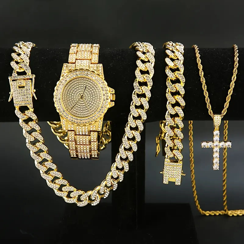 4pcs/set, Men's Watch Cuban Necklace Bracelet Set, Christmas Gift,For Men