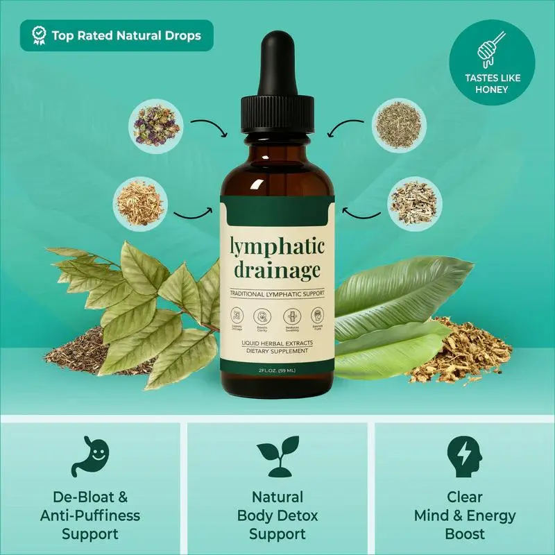 Lymphatic Drainage Drops Daily Fluid Balance Support 60ml Lymphatic Support Herbal Drops 60ml with Cleavers, Red Clover, Stillingia Root & Prickly Ash Bark, Liquid Botanical Supplement for Adults, Honey Flavour Daily Wellness Drops