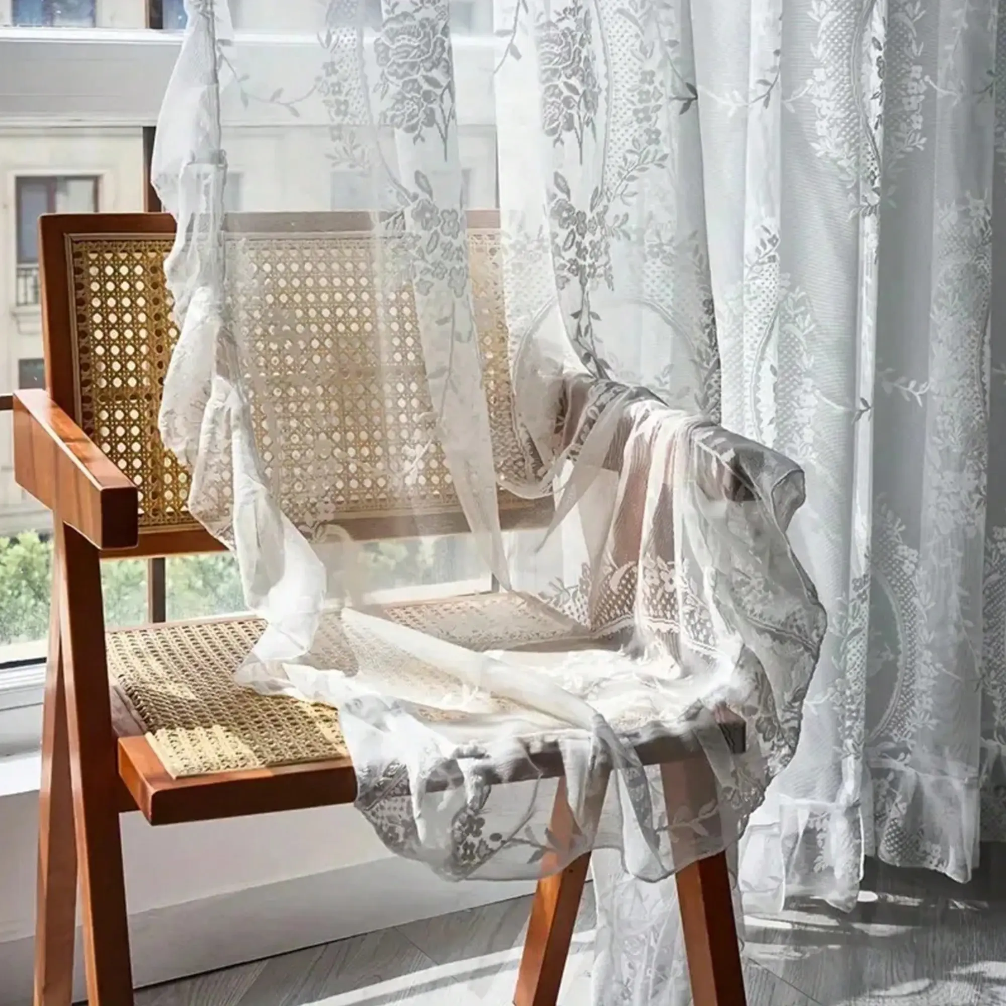 French Floral Embroidered Curtain, Floral Sheer Curtains, Vintage Room Decor, Floral Embroidery Curtain Blinds, Semi-transparent Window Curtain with Ruffles, Breathable Drapes for Bedroom Living Room Partition, Home Decoration Curtain