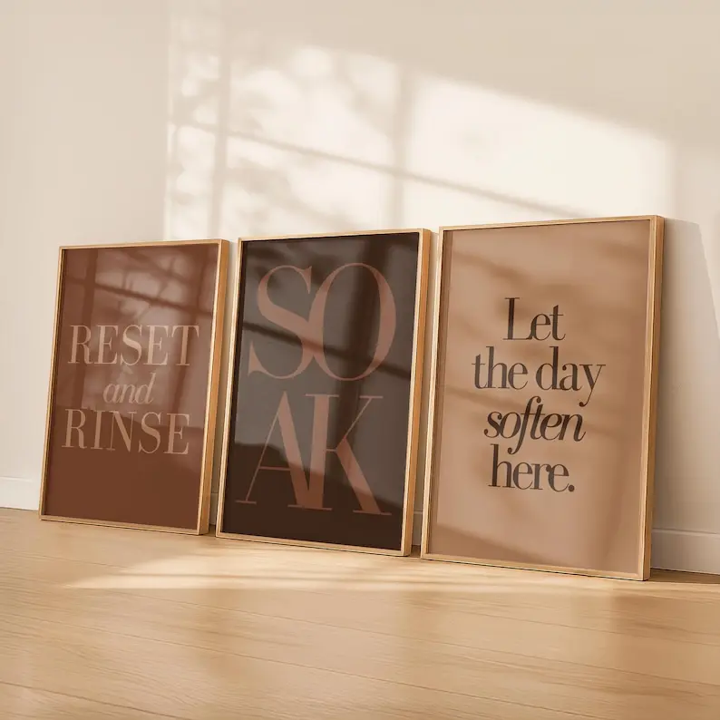 Brown Bathroom Wall Art Set of 3  , Reset and Rinse Bathroom Prints, Soak Bath Poster Trio, Neutral Bathroom Decor