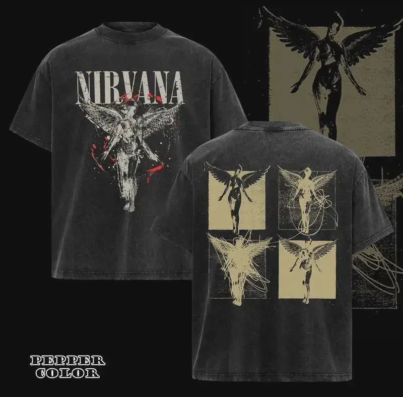 100% Cotton Wash T-shirtMen's Vintage Acid Washed Nirvana In Utero Album Double-Sided Graphic T-Shirt -  Heavyweight Cotton Crew Neck Seamless Short-Sleeve Prints, Retro Grunge Rock Band Merch Streetwear Aesthetics Top, Perfect Gift For Nirvana Fans