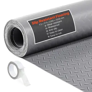 summervibes PVC Diamond Plate Garage Floor Roll, 7.5x17 ft 2.2 mm Thick Non-Slip Water Resistant Flooring Protector Mat with Double Tape, Easy-to-Clean for Warehouse, Gyms, Silver Gray, Non Slip Flooring, Water Resistant Floors