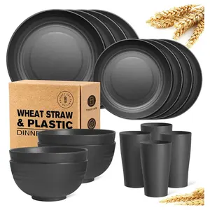 16-Piece Kitchen Plastic Wheat Straw Dinnerware Set, Service for 4, Dinner Plate