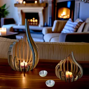 Vintage Wooden Candle Holder Farmhouse Tea Light Stand, Living Room Kitchen Dining Furniture Decor, Lotus Shape Ornament, Includes Tray