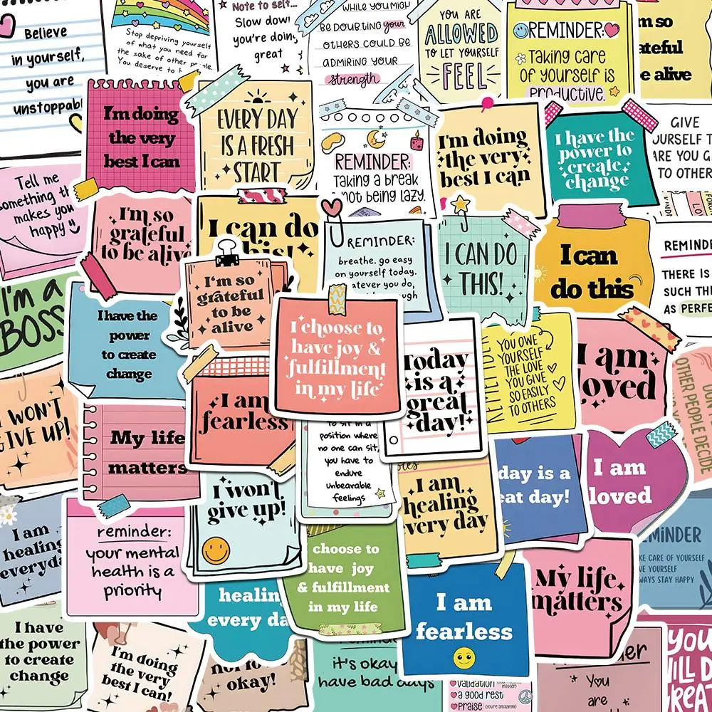 Cartoon Self-esteem Motivational Sticker, 50pcs/set Inspirational Phrase Sticker, Decorative Sticker for Gift Greeting Card Water Bottle Laptop Phone
