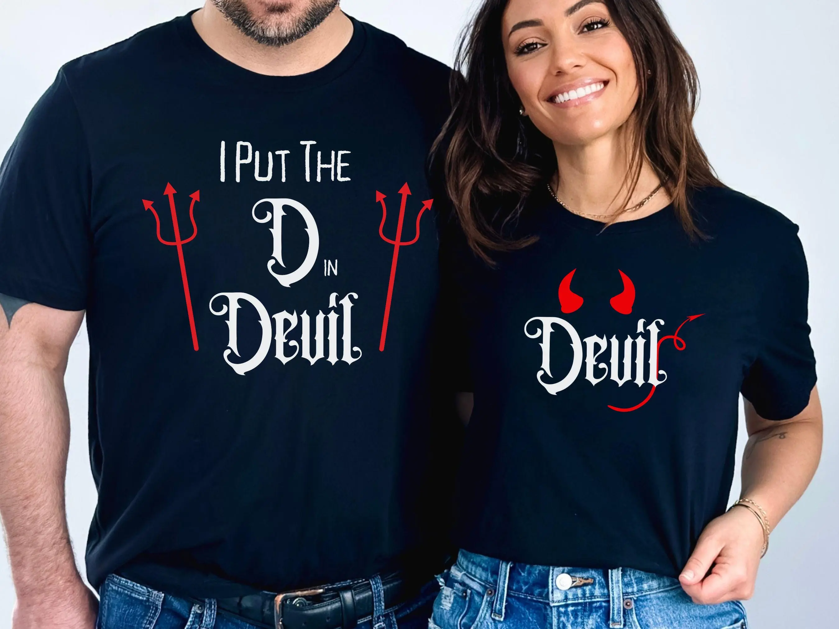 Halloween Matching Couple Shirts, I Put the D in Devil Shirt, Devil Matching T-Shirts, Funny His and Hers Halloween Costume, Spooky Couple Tee