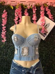 Crystal-Framed Denim Bustier