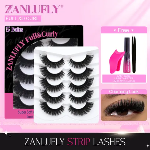 zanlufly D Curl Lashes Clusters Kit, 5 Pairs 8-16mm 0.05mm Mega Volume Soft Lashes (Eyelash Extensions-Like) with Applicator, Tweezer & Acrylates Copolymer-Aqua Adhesive for Adults’ Fall Freshness Makeup