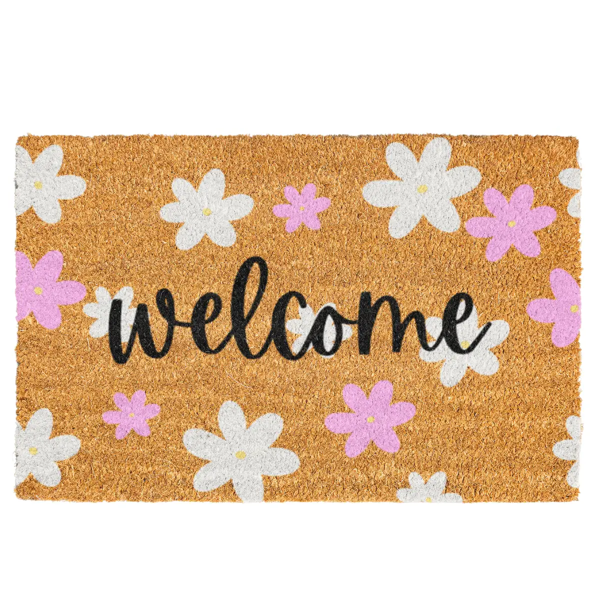 Spring Doormat, Cute Pink and White Flower Door Mat with Rubber Backing, Coir Material for Indoor/Outdoor Use (Small/Medium/Large)