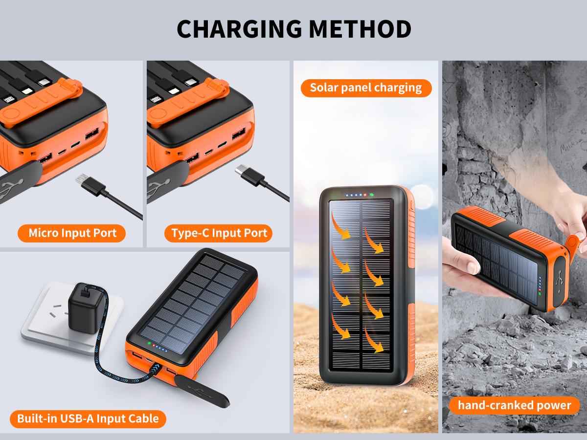solar Power Bank 63200mAh Portable Charger Dual Outputs Dual Inputs 4 LEDs Flashlight Hand Crank Solar Charger Fast Charging Battery Pack for Outdoor Camping Emergency Gear,back to school