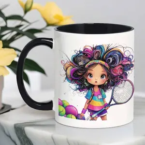 Trendy Illustration Style Ceramic Mug, Girl with Vibrant Hair and Exaggerated Style Holding a Tennis Racket Coffee Mug, Drinking Cup for Home Office Use, Tumbler