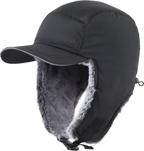 Faux Fur Trooper Trapper Hat for Men Warm Mens Winter Hat with Earflaps Ushanka Hunting Hat Reflective Brim
