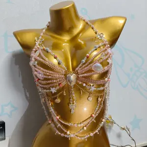Women's pearl and shell beaded body chain, handmade tassel halter-neck tank top style body chain, suitable for outdoor and beach wear, Mother's Day gift, Valentine's Day gift Oversize Gold Plated Pendant Necklace nut Stainless Steel Layered Cross link