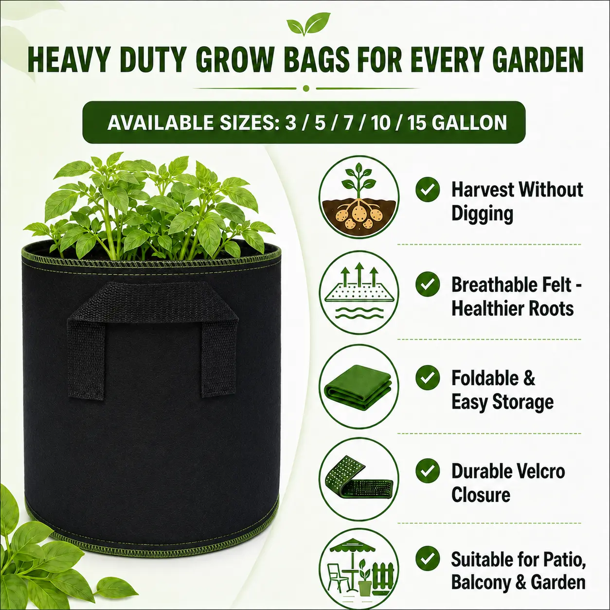 5 Pack Heavy Duty Grow Bags – 3 to 15 Gallon Fabric Pots with Handles, Breathable Nonwoven Planter Bags for Vegetables and Flowers