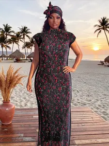 Elegant Plant Print Long Robe with Multi-Color Shawl, Women’s Sun Protection Satin Scarf for Beach, Swimwear Cover Up, Casual All Seasons Wear