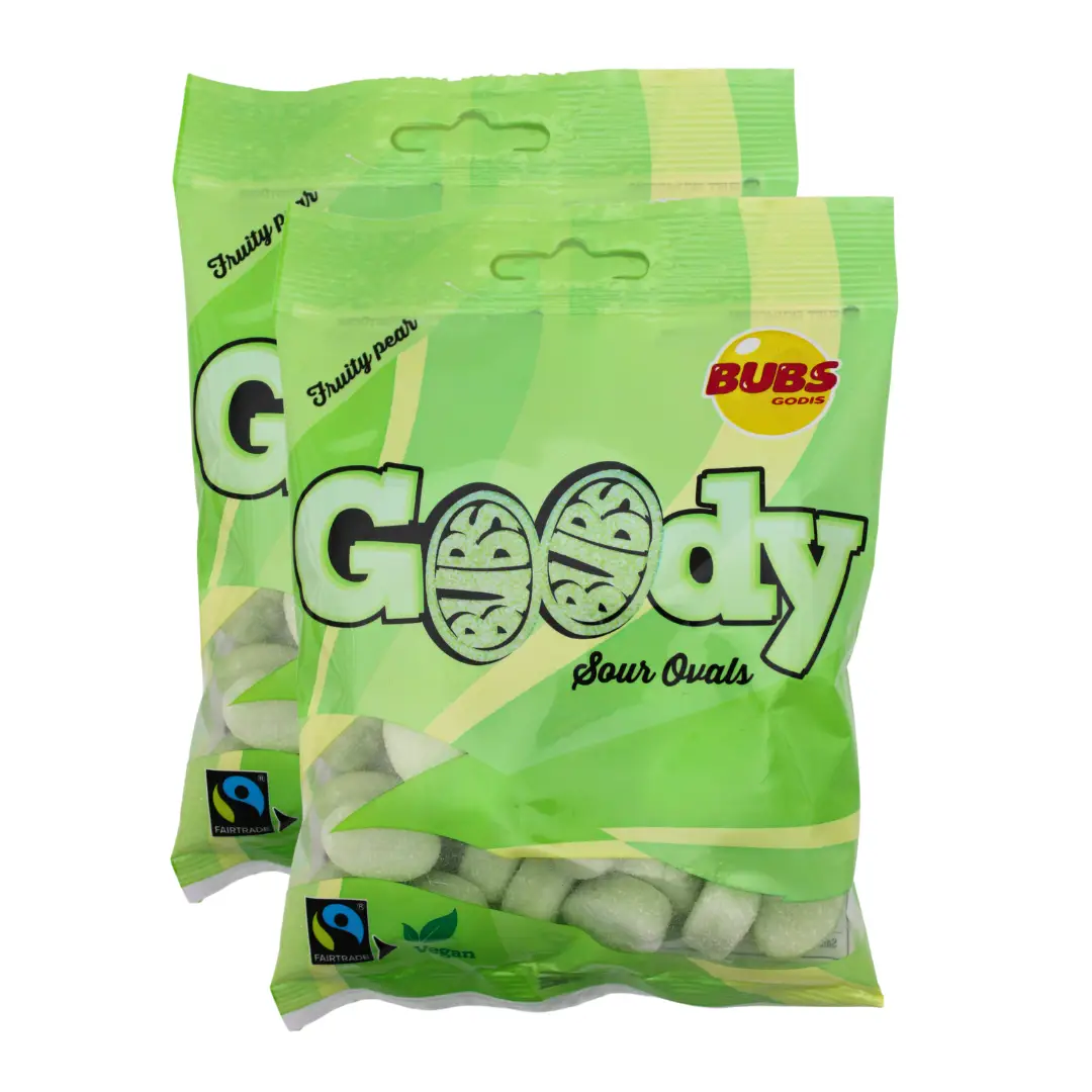 Bubs Swedish Candy - Sour Fruity Pear Ovals - Pack of 2 x 90g bag- Vegan Swedish Candy - Sweet Snack- Bon Bon Bonbon Candies candy jar