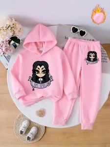 Girls Long Sleeve Fleece Hoodie Set, Wednesday Cartoon Print, Casual Style, Comfortable Jogger Pants, Fall & Winter Fashion