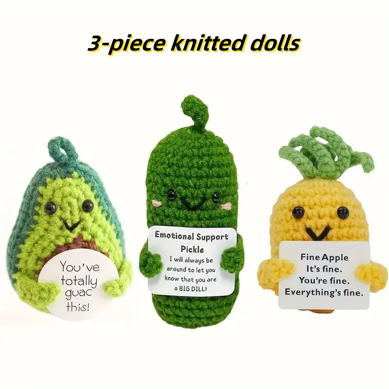 3PCS Cute Cucumber Knitting Ornament Crochet Emotional Support Pickle Gift Handmade Positive Potato Set with Positive Card Mini Reduce Pressure Ornaments for Office Desk