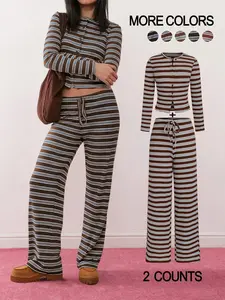 Women's Casual Fitted Colorblock Striped Long Sleeve Top & Loose-Fit Wide Leg Pants Set, Casual Outfits Women, Perfect for Holidays, Commuting, Daily Wear