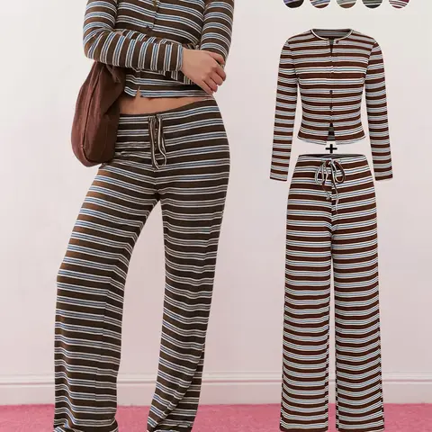 Women's Casual Fitted Colorblock Striped Long Sleeve Top & Loose-Fit Wide Leg Pants Set, Two Pieces Sets, Casual Outfits Women, Perfect for Holidays, Commuting, Daily Wear