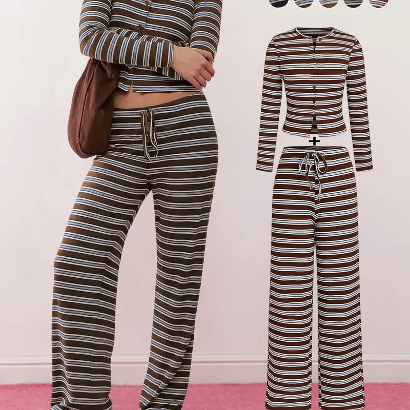 Women's Casual Fitted Colorblock Striped Long Sleeve Top & Loose-Fit Wide Leg Pants Set, Two Pieces Sets, Casual Outfits Women, Perfect for Holidays, Commuting, Daily Wear