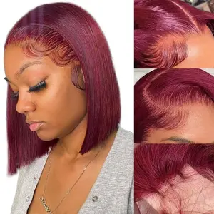 99J Straight Brazilian Hair 13x4 HD 99J Burgundy Bob Wigs Human Hair 12inch Transparent Lace Bob Wig Human Hair 180 Density Lace Front Wig for Women Short Bob Wig Pre Plucked With Baby Hair