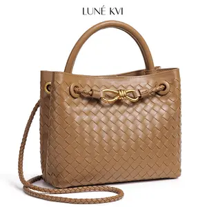 LUNÉ KVI New Hand woven Andiamo medium HandBag for Women Bow-Tie Metal Chain Clasp Shoulder Bag Versatile Women's Leather Crossbody Satchel with Elegance chic work handbag