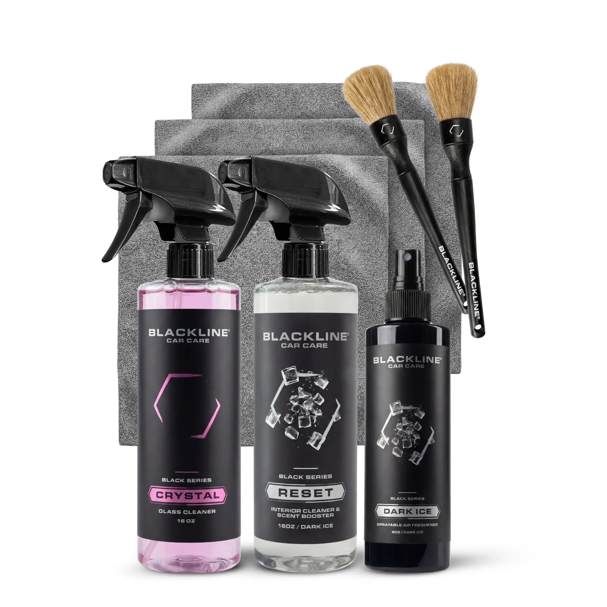 BLACKLINE Ultimate Automotive Interior Detailing Kit - Dark Ice Reset, Crystal Glass Cleaner, Air Freshener, Boar Hair Brush Set, 3-Pack Microfiber Cloths for Deep Cleaning