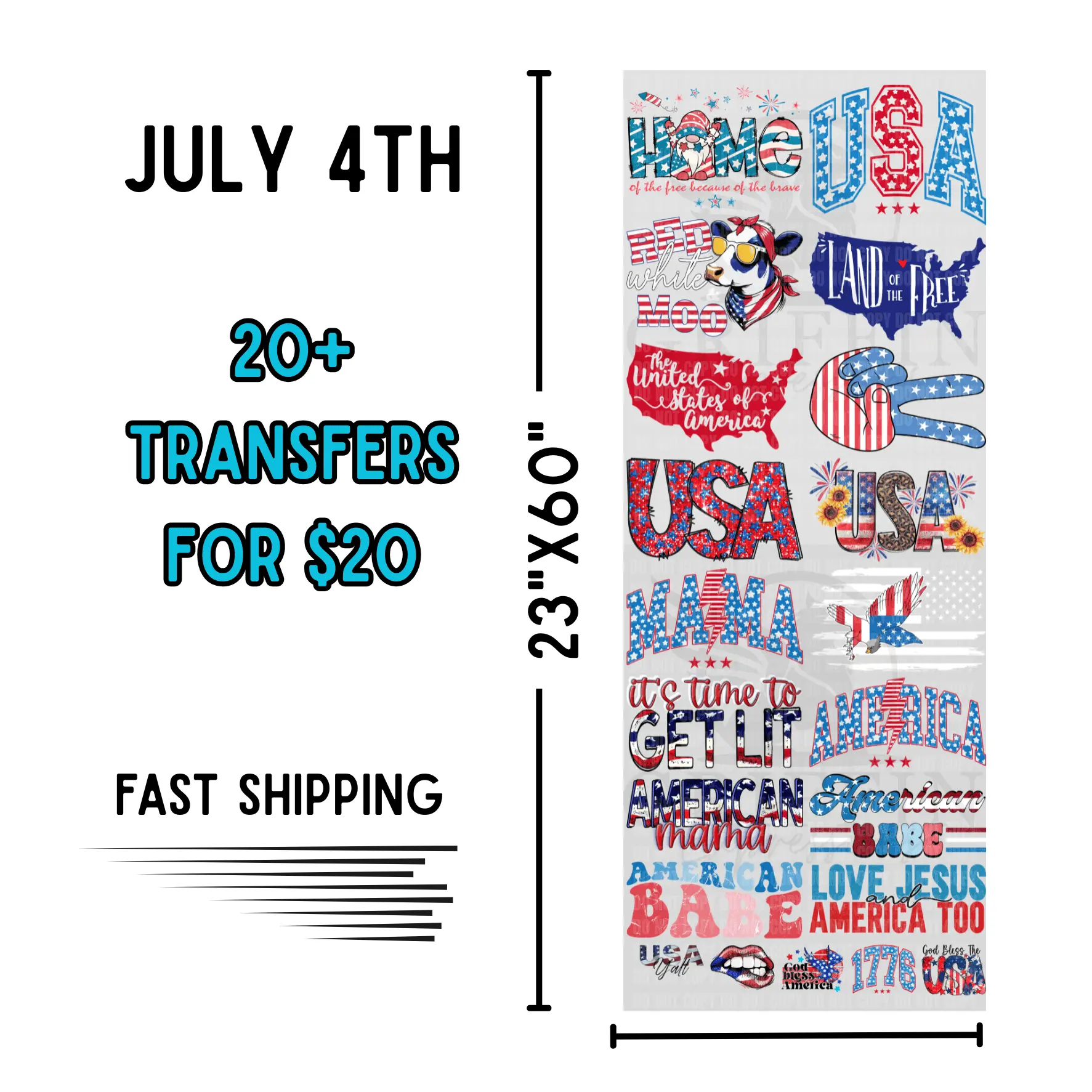 July 4th | Dollar Deals DTF Transfer Gang Sheet For Graphic Tees Printshop Promotional