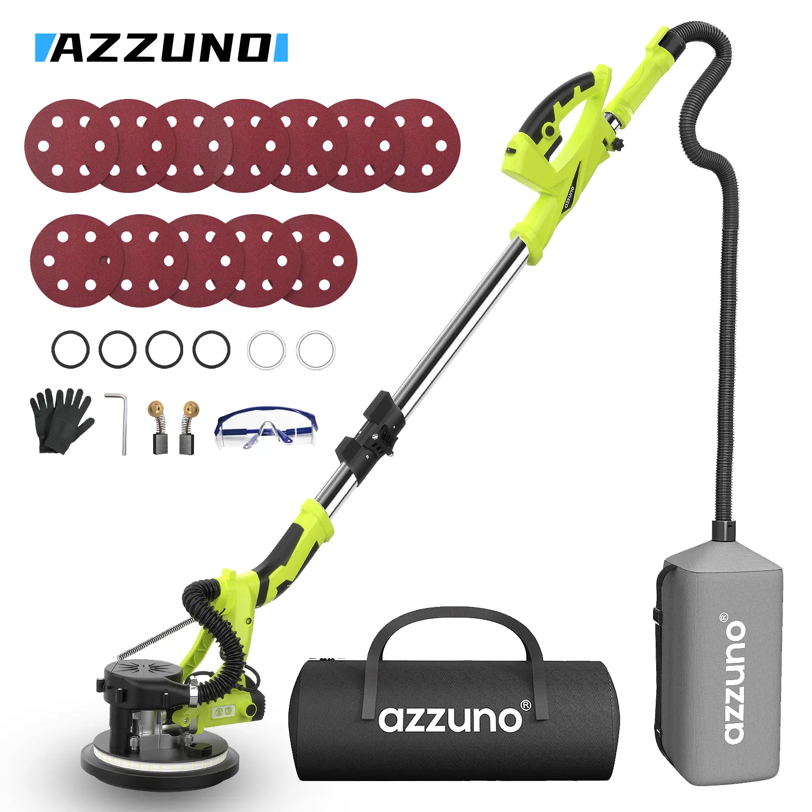AZZUNO DMJ001 850-Watt Automatic Drywall Sander with Vacuum Dust Collection, 5 Adjustable Speeds (800-1900 RPM), Sound-Absorbing Design, LED Light, 12 Sanding Discs, Foldable Retractable Handle, for Gypsum Ceiling Removal