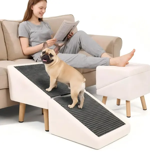 2-in-1 Foldable Split Ottoman Dog Ramp for Couch & Bed, Convertible Pet Ramp with Non-Slip Surface, Solid Wood Legs, Supports 220LBS, Gentle Incline for Senior, Injured, Small Medium Dogs and Cats