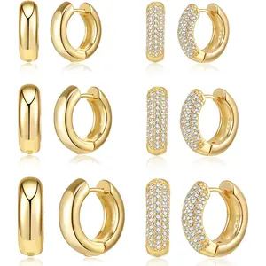 6 Pairs Chunky Small Gold Hoop Earrings Set for Women Men 14K Gold Plated Dainty Hypoallergenic Cz Diamond Hoops Huggie Earring Stack for Mutliple Piercing Ear Cuff Cartilage Earrings Jewelry Gifts
