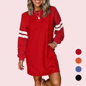 Color blocked lace up sleeve round neck sports shirt dress with pockets, 2025 casual mini dress for comfortable women's wearGift