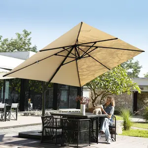 【360° Rotation】9*12FT/10x10 FT Cantilever Patio Umbrella Outdoor with Base- Large Offset Heavy-Duty Aluminum Umbrella with 360° Rotation, 6 Tilts, Windproof, 3-Year Fade Resistance for Pool Deck, Square, Beige