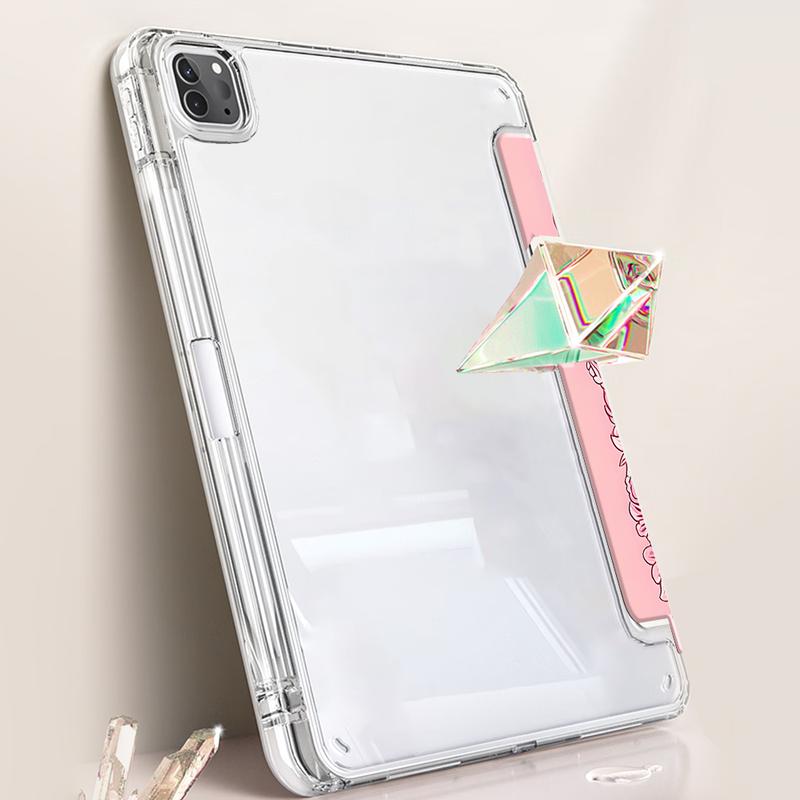 Pink Virgin Mary Rose Floral iPad Stand Case, Three-tiered stand iPad case,Religious Art Transparent Acrylic Hard Back Panel With Pencil Slot, for All models ipad.Scratch-resistant Ultra-thin Protective Case,Shock-resistant Full Cover, Tablet Stand Holder