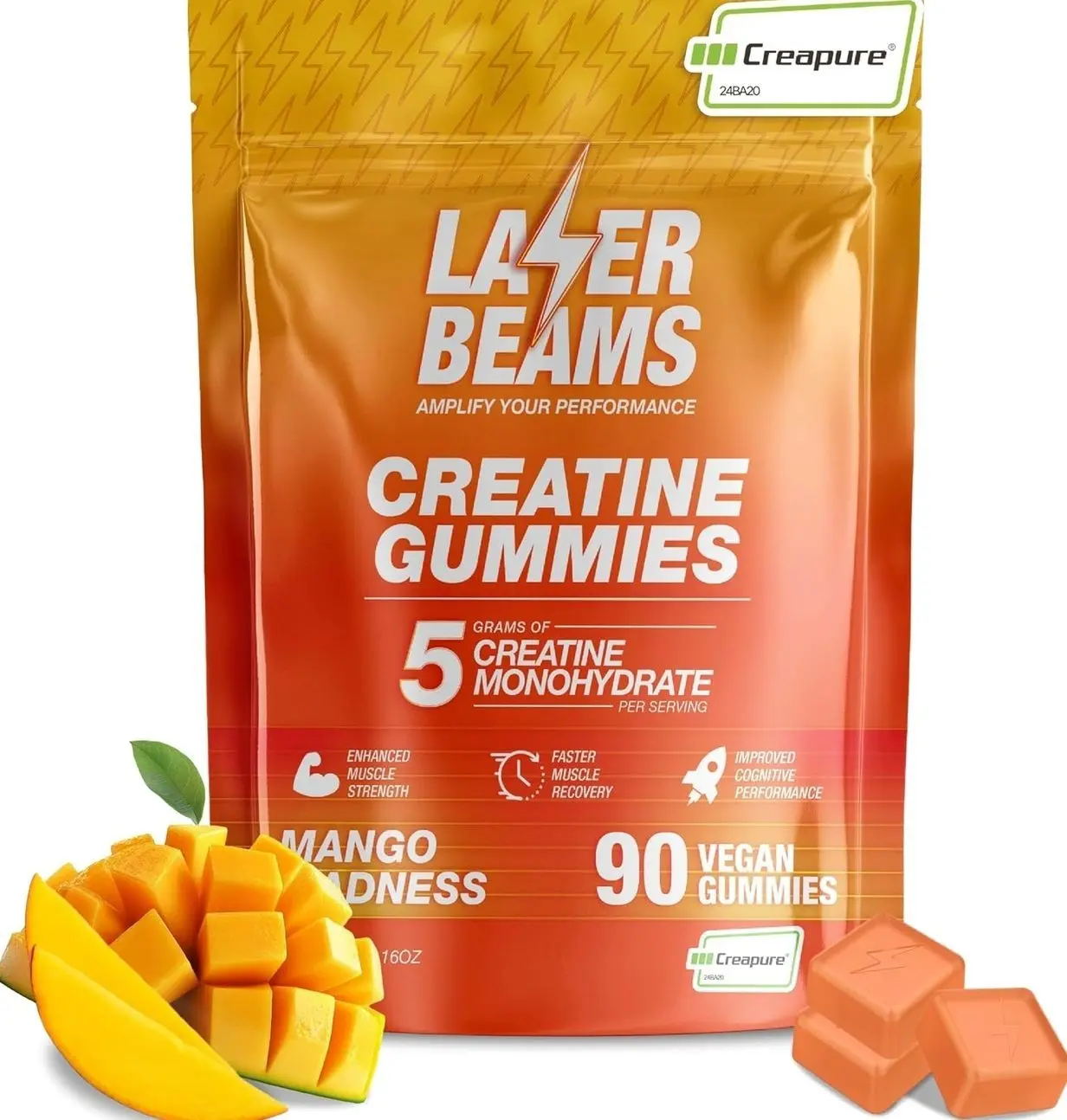 Creatine Monohydrate Gummies for Women & Men - 5g Creapure Creatine per Serving - Vegan, Mango Flavor - Boost Muscle Strength, Endurance, Recovery & Mental Focus (90 Gummies)