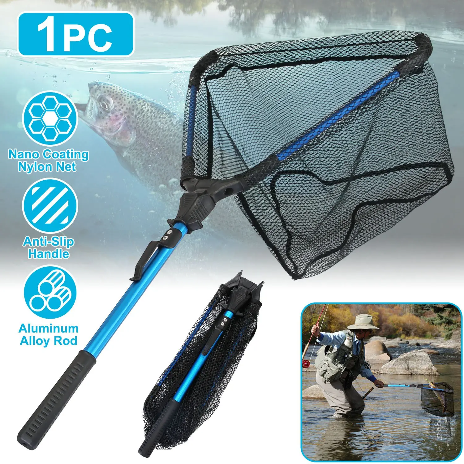 1Pc Foldable Fishing Net With Aluminum Alloy Rod EVA Handle Durable 5MM  Hexagonal Nano Coating Nylon Mesh Collapsible Landing Net Safe Fish  Catching or Releasing - TikTok Shop