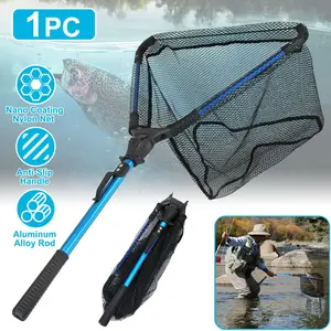 1Pc Foldable Fishing Net With Aluminum Alloy Rod EVA Handle Durable 5MM Hexagonal Nano Coating Nylon Mesh Collapsible Landing Net Safe Fish Catching or Releasing