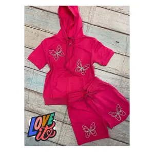 Vinizbena Rhinestone Butterfly Pink Women's Set Short & Hoodie with Matching Shorts and Top