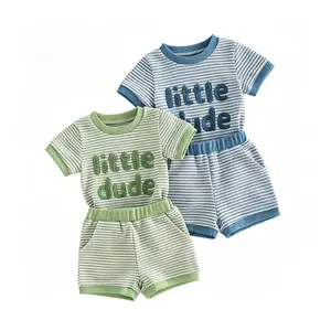 Infant Baby Boys Summer Striped Outfits Short Sleeve Letter Embroidery Romper with Shorts 2Pcs Set 0-18 Months